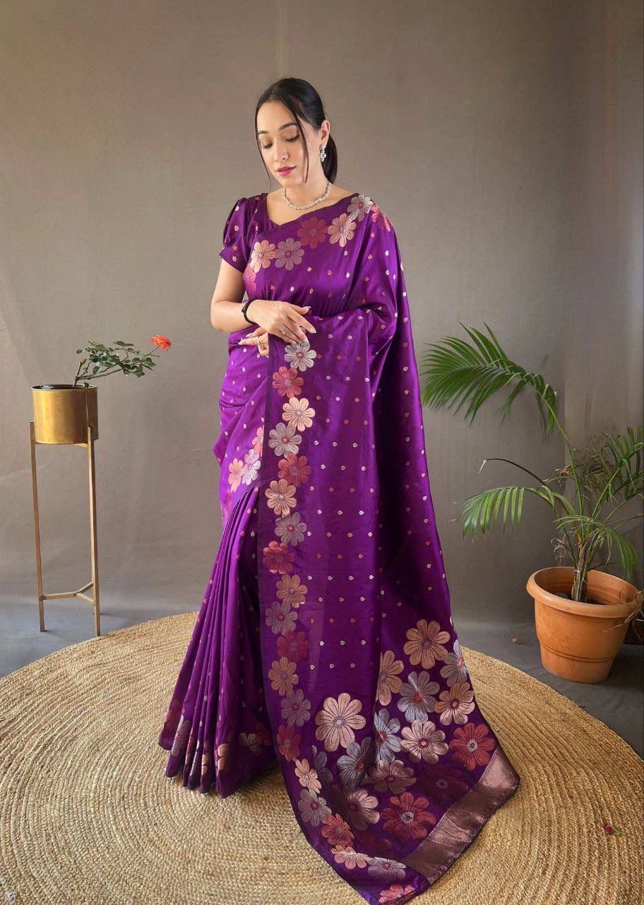 purple saree with floral patterns 