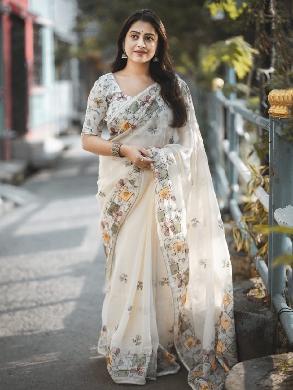 flowering printed design cotton saree