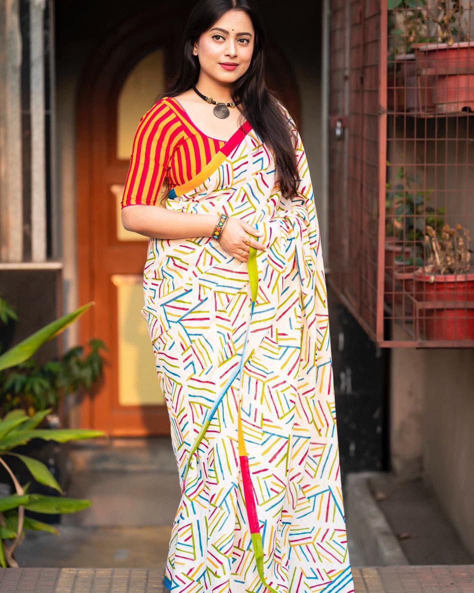 cotton printed saree with geometric print