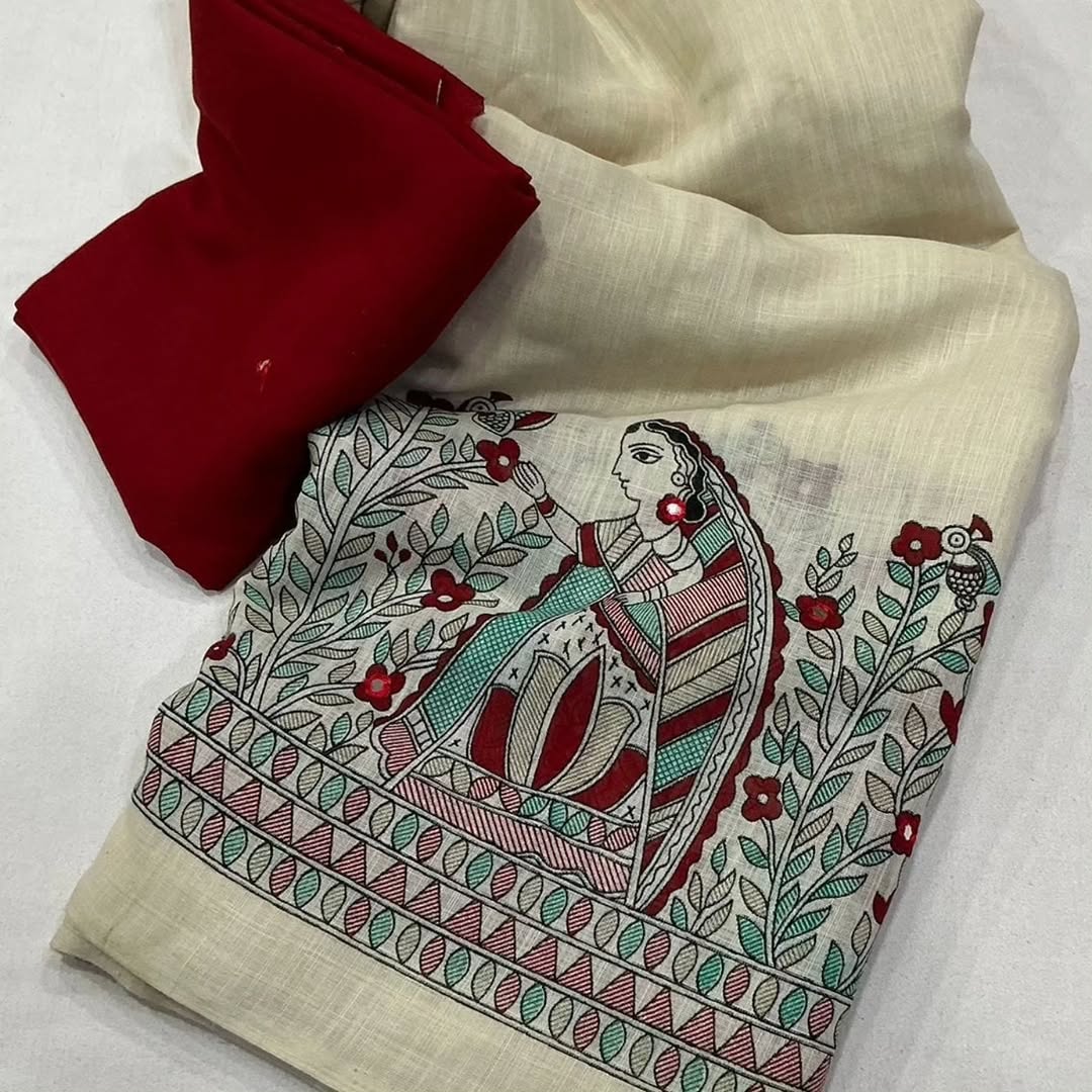 off white linen  saree with flower and traditional motif