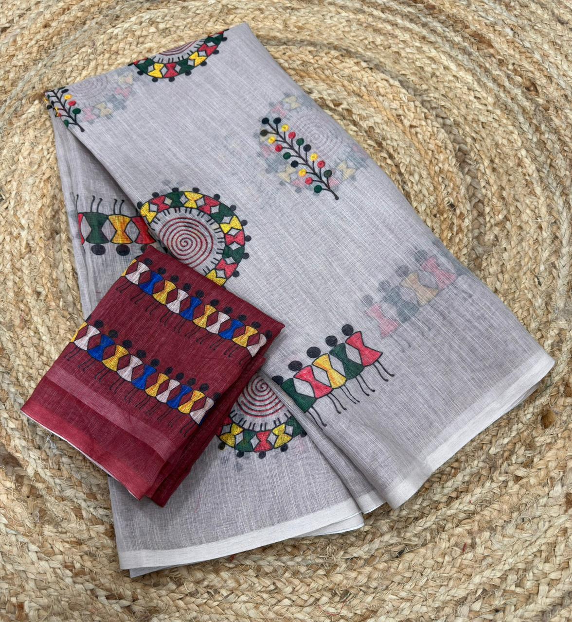 summer cotton saree with warli print