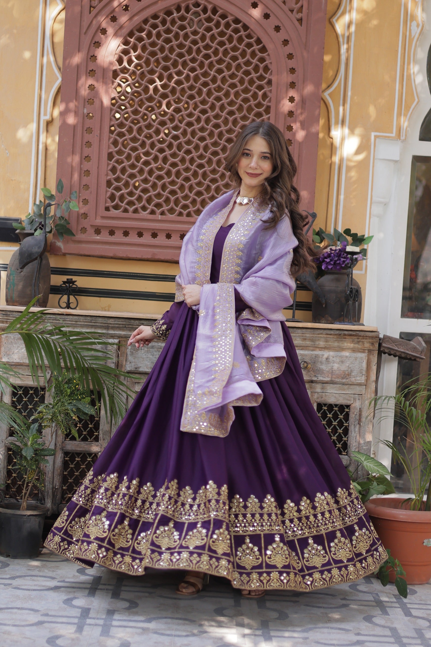 purple  gown with embroidery work