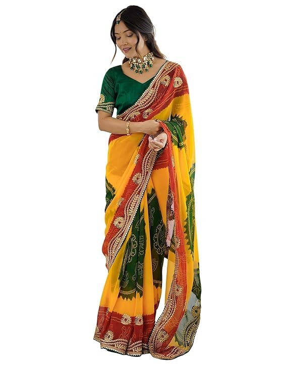 mor bandhani georgette with embroidery work design