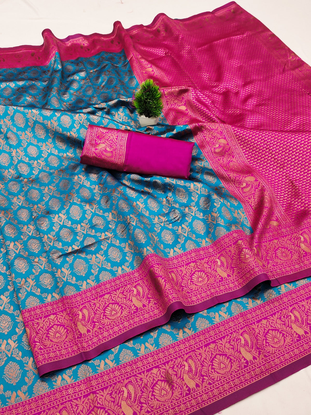 pink and blue colour silk saree