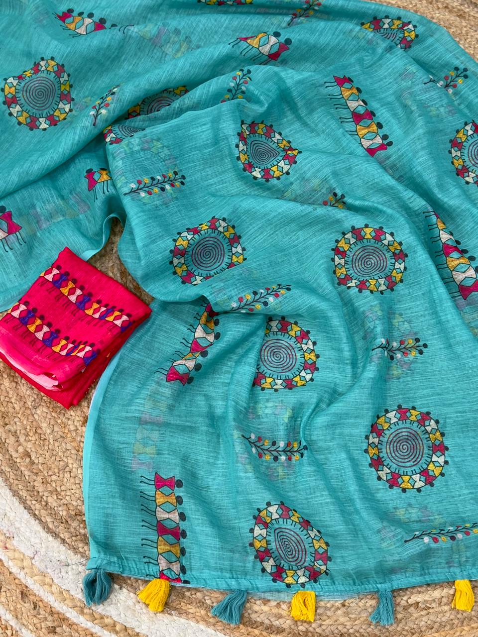 summer cotton saree with warli print