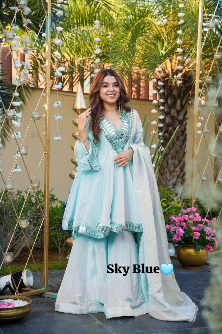 Heavy quality chinon silk fabric designer festival wear 3pcs peplum dress with original mirror work