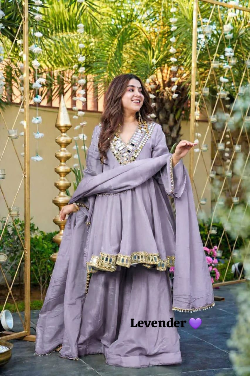 Heavy quality chinon silk fabric designer festival wear 3pcs peplum dress with original mirror work