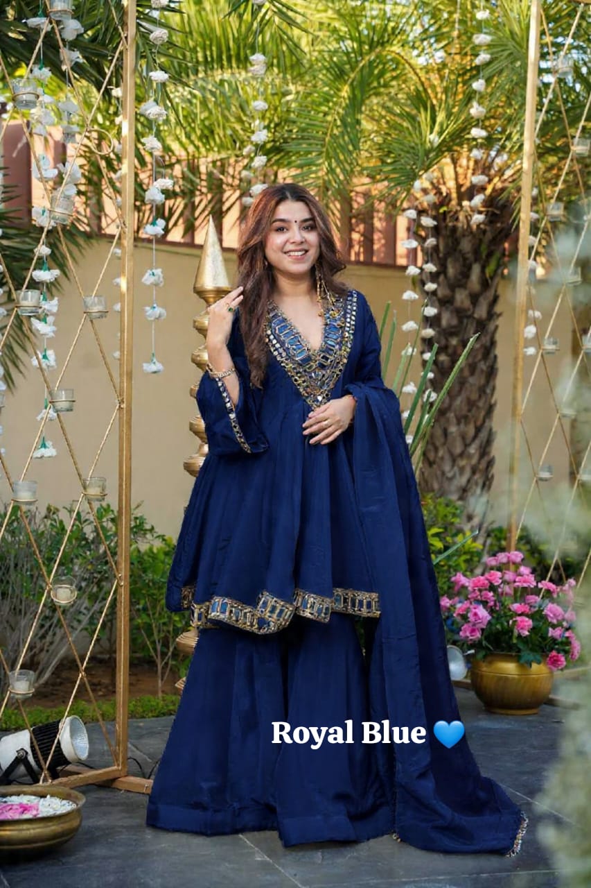 Heavy quality chinon silk fabric designer festival wear 3pcs peplum dress with original mirror work