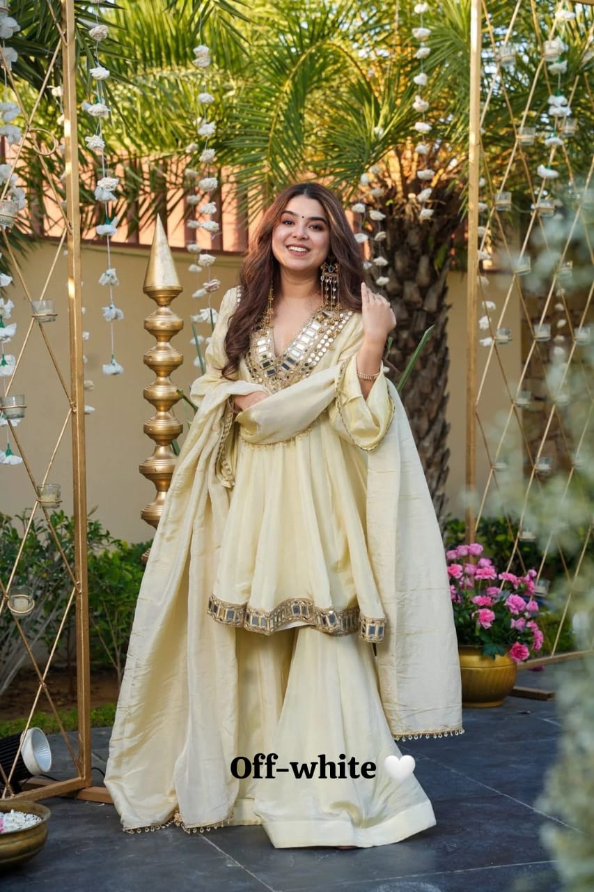 Heavy quality chinon silk fabric designer festival wear 3pcs peplum dress with original mirror work